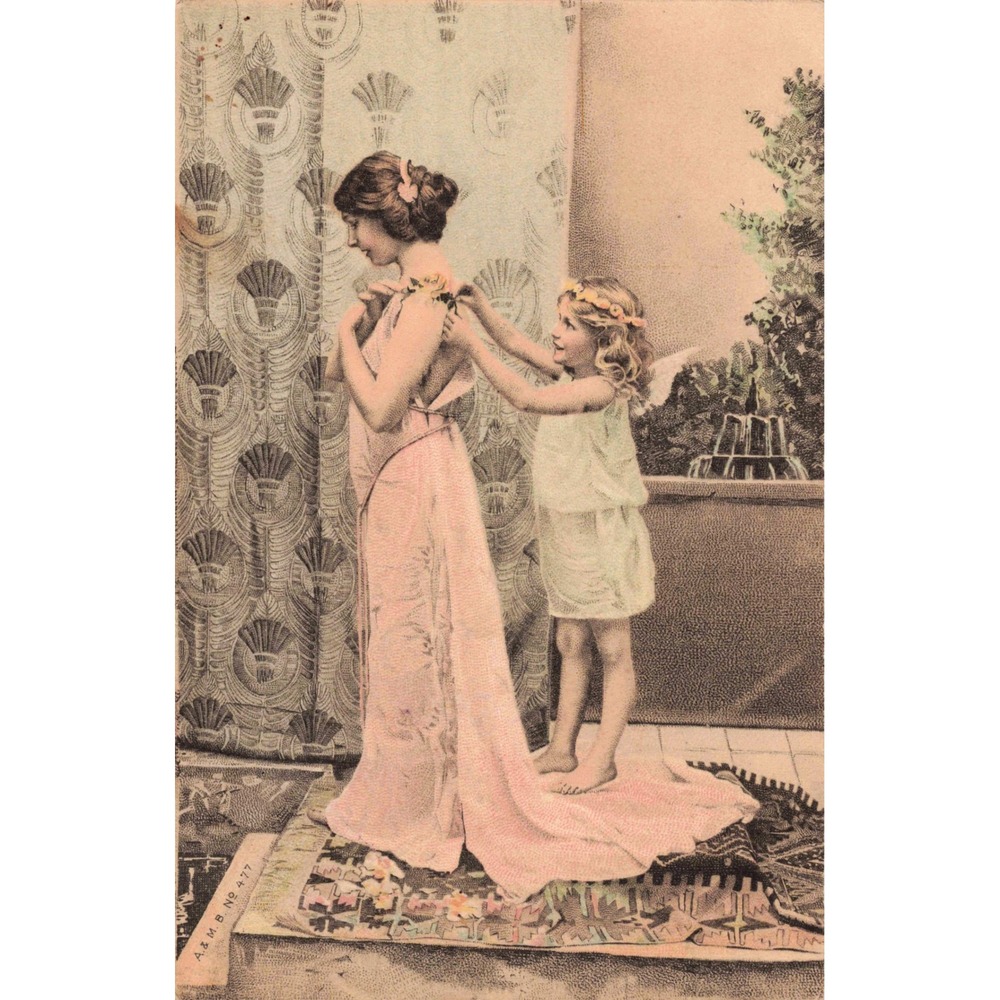 Antique Postcard A&M B No 477 Angel Girl Dressing Woman Pink Gown Art Nouveau - Picture 1 of 2